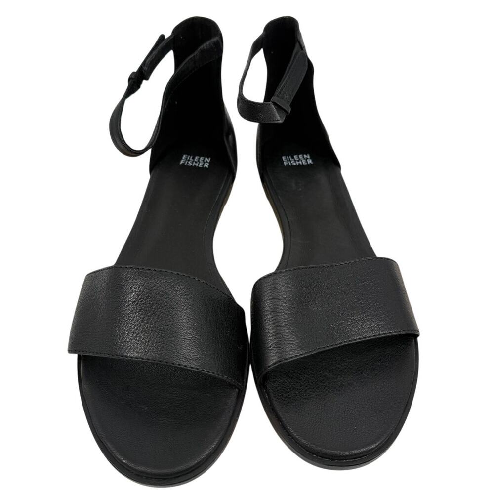 Eileen Fisher Razz Tumbled Leather Ankle-Strap Sandal Black Open Toe Flats 11